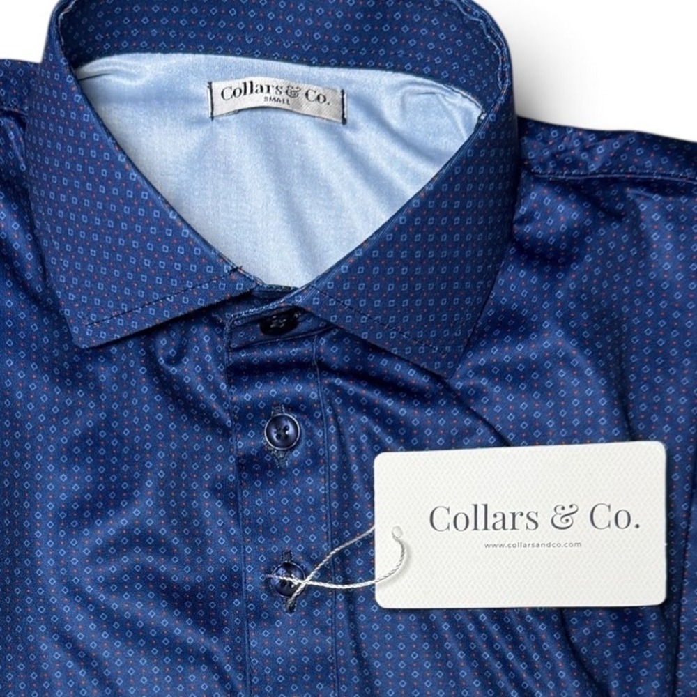 Collars & Co Dress Collar Polo Mens Small Blue Geometric Performance Golf Shirt